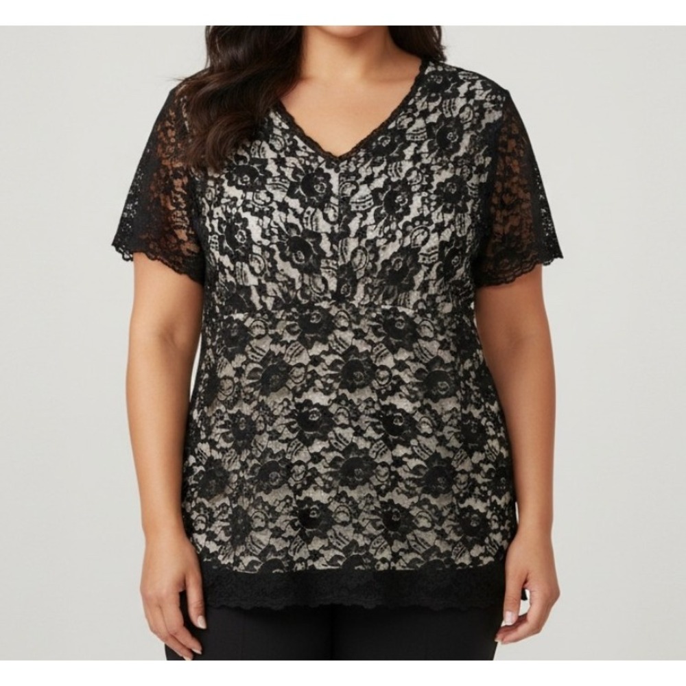 DIALOGUE QVC Beige/Nude Lined BLACK FLORAL LACE OVERLAY V-Neck Blouse/Top 1X
